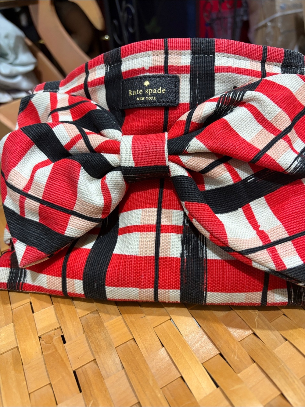 kate spade Red Black Cream Plaid Bow clutch